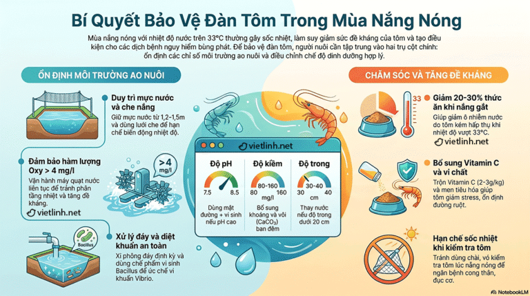 Kỹ thuật chăm sóc ao tôm khi nắng nóng, hạn hán và xâm nhập mặn