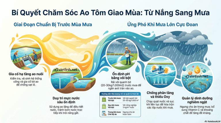Kỹ thuật chăm sóc ao tôm khi giao mùa từ mùa nắng sang mùa mưa